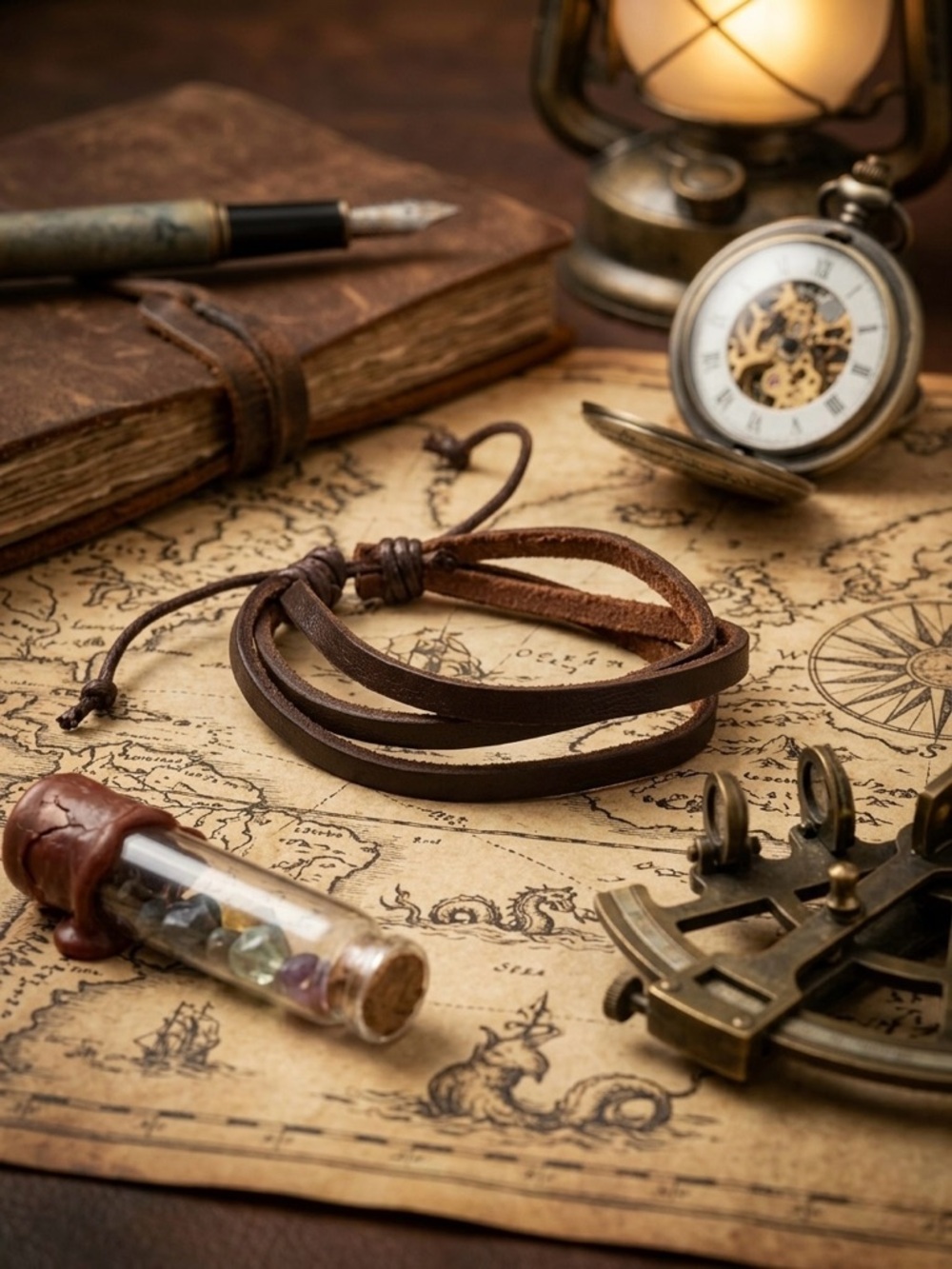 Hand Crafted Brown Multi-Strap Leather Bracelet